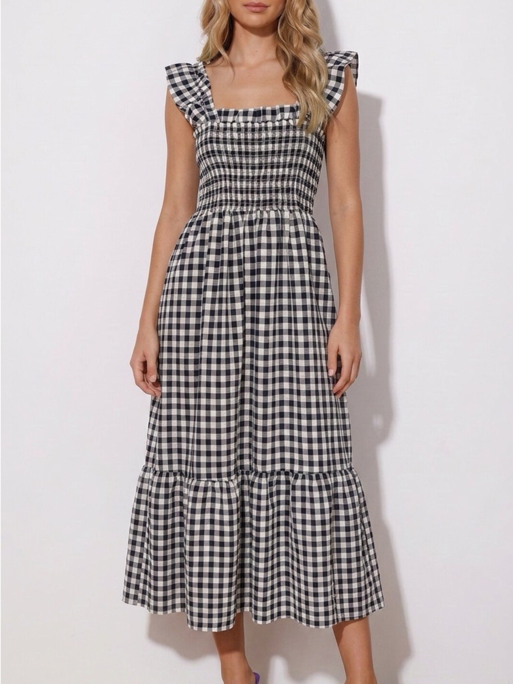 Uniqlo Black and White Gingham Smocked Maxi Dress